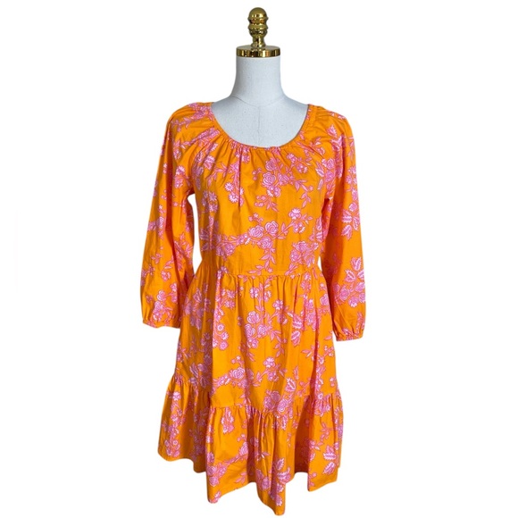 J. Crew Women Orange Pink Floral Scoop-Neck Tiered 100% Cotton Mini Dress Size 6 - Picture 2 of 8